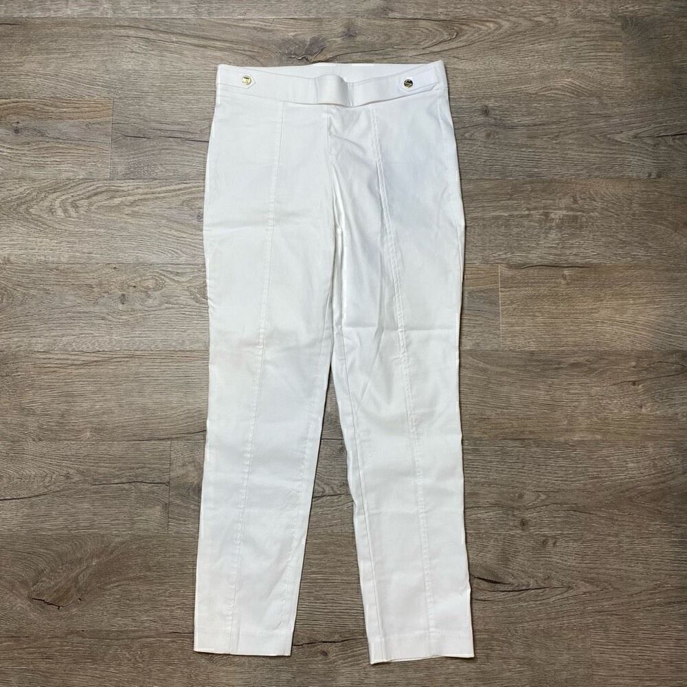 Anne Klein White Elastic Waist Seamed Pants Size 8 Stretch Gold Buttons